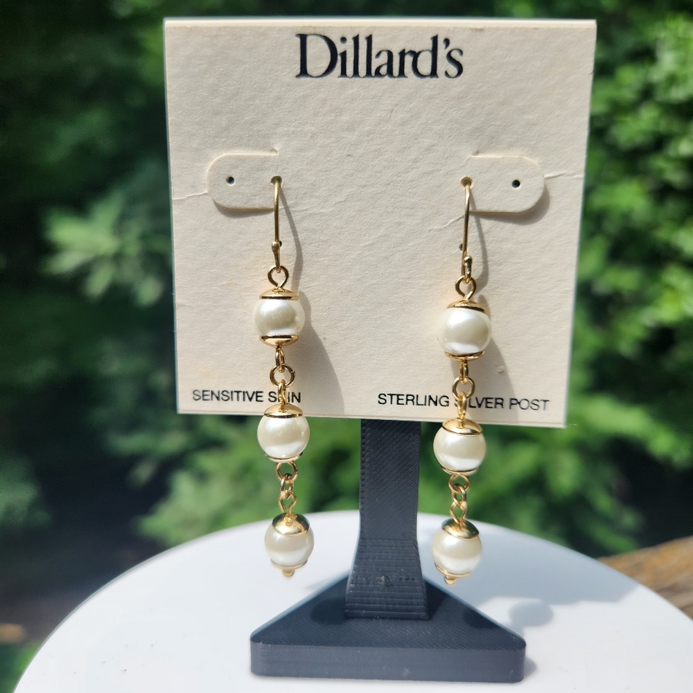 Gold and White Faux Pearl Drop Earrings Sterling Silver Posts NWT